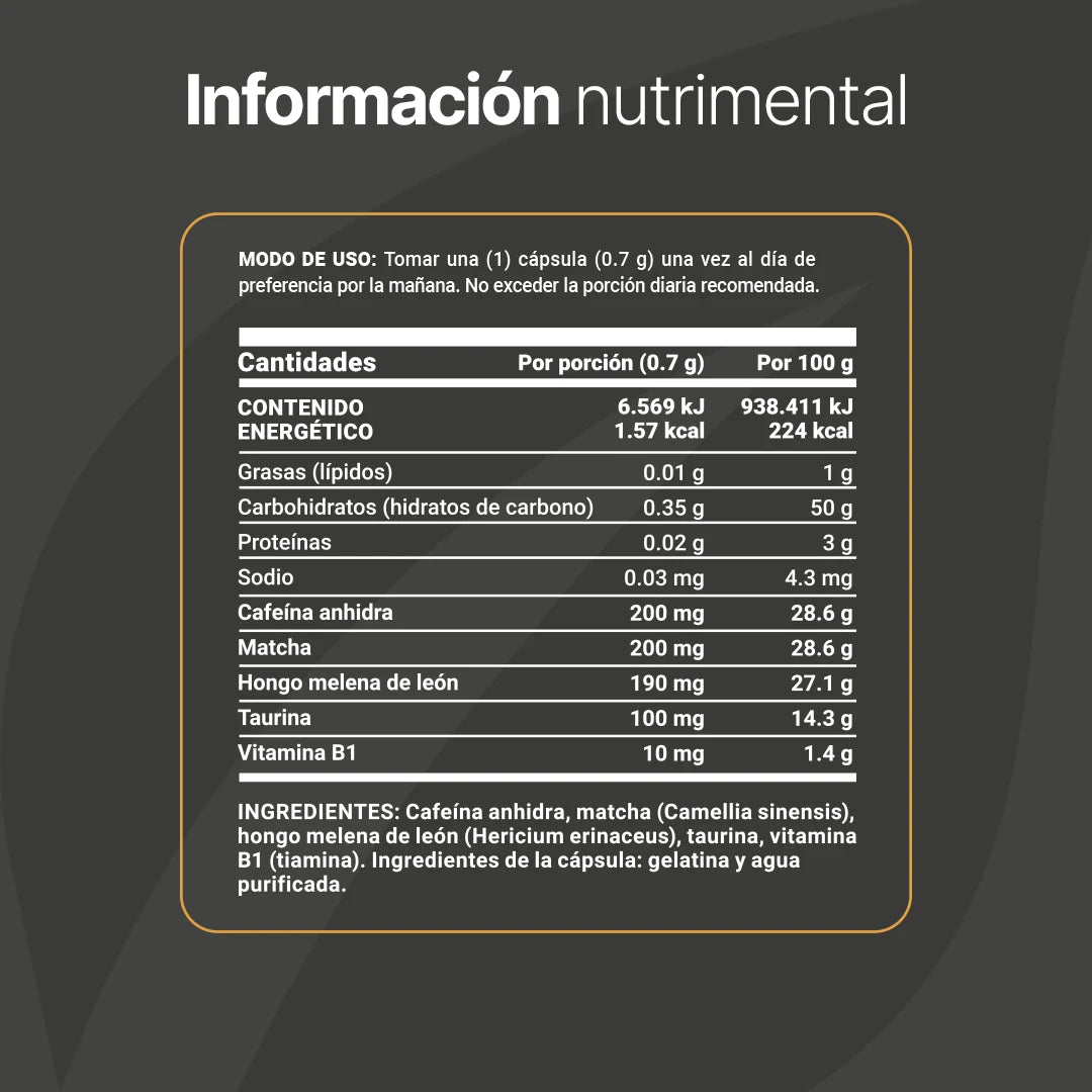 Caffeine Blend | Mezcla a base de Cafeína, Matcha, Hongo Melena de León, Taurina y Vitamina B1