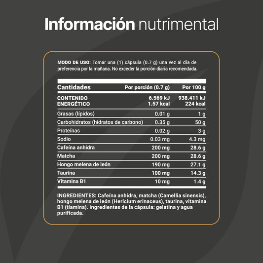 Caffeine Blend | Mezcla a base de Cafeína, Matcha, Hongo Melena de León, Taurina y Vitamina B1
